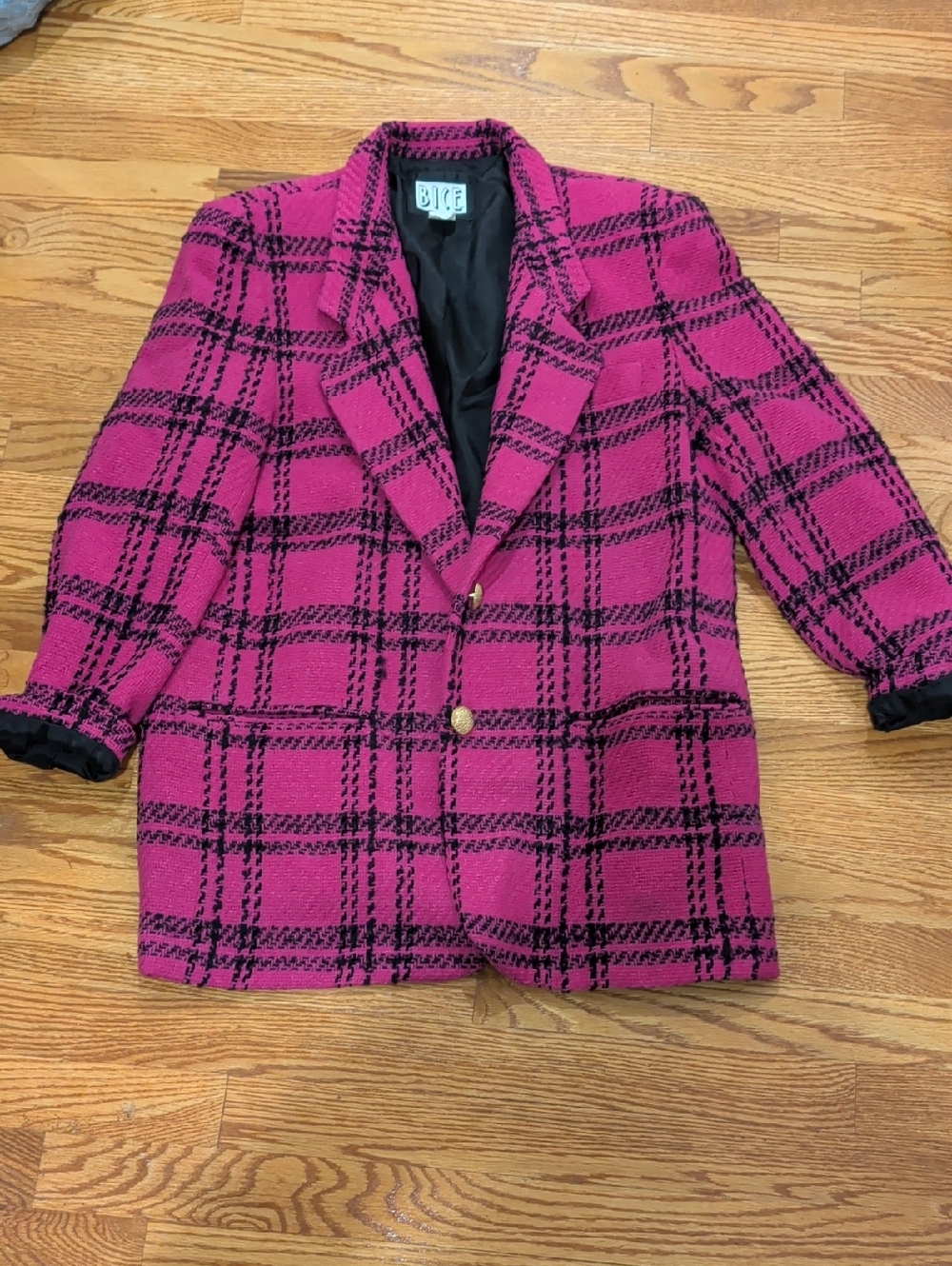 Vintage Hot Pink Plaid Blazer with Black Trim And Gold Buttons.